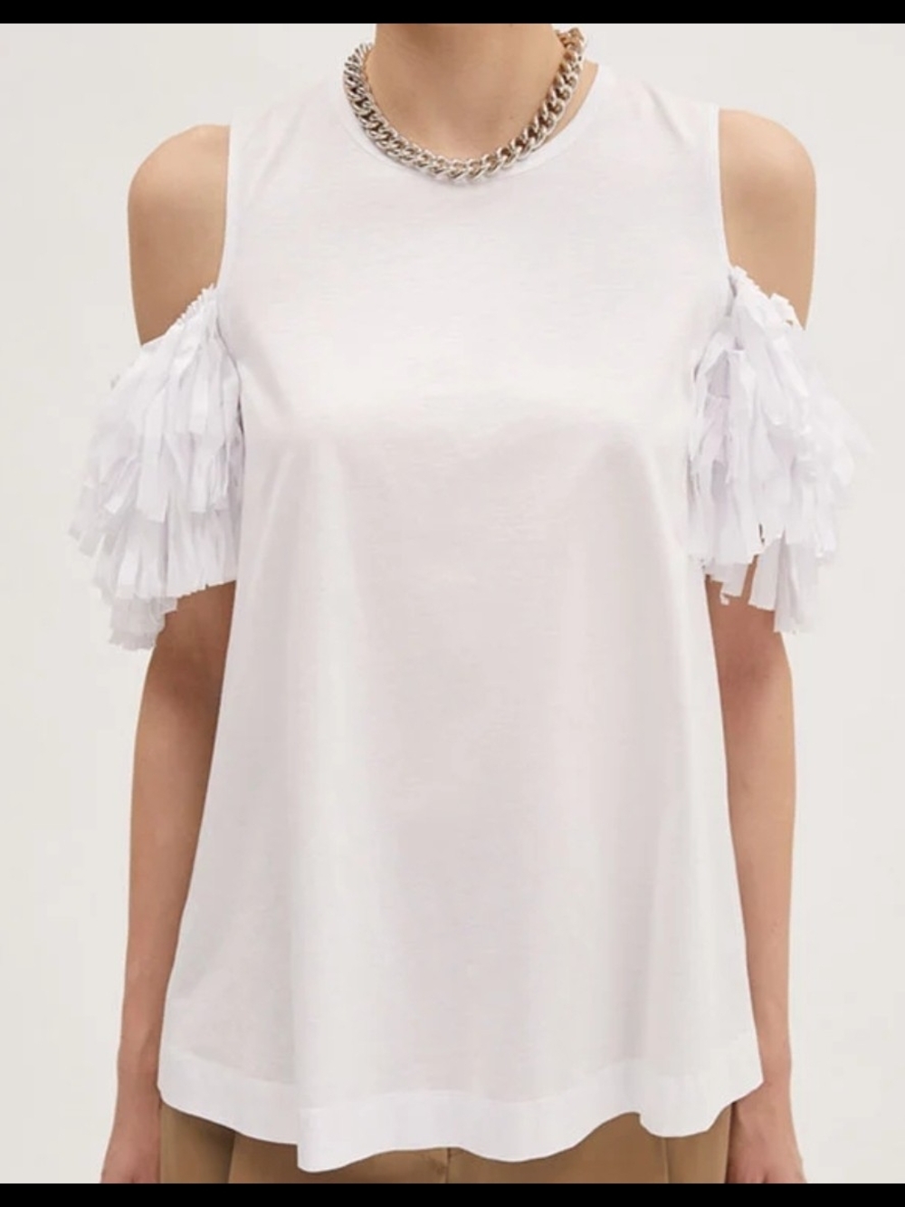 Women's White Cold-Shoulder Fringe Sleeve Top